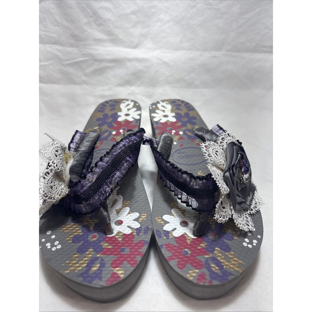 Havaianas High Fashion Wedge Flip Flops Size 37 Custom Floral Embellished Gray